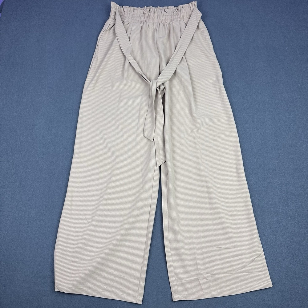 Unbranded Women's Beige Wide Leg Pants M High Rise Tie Waist Pull On - Picture 1 of 7